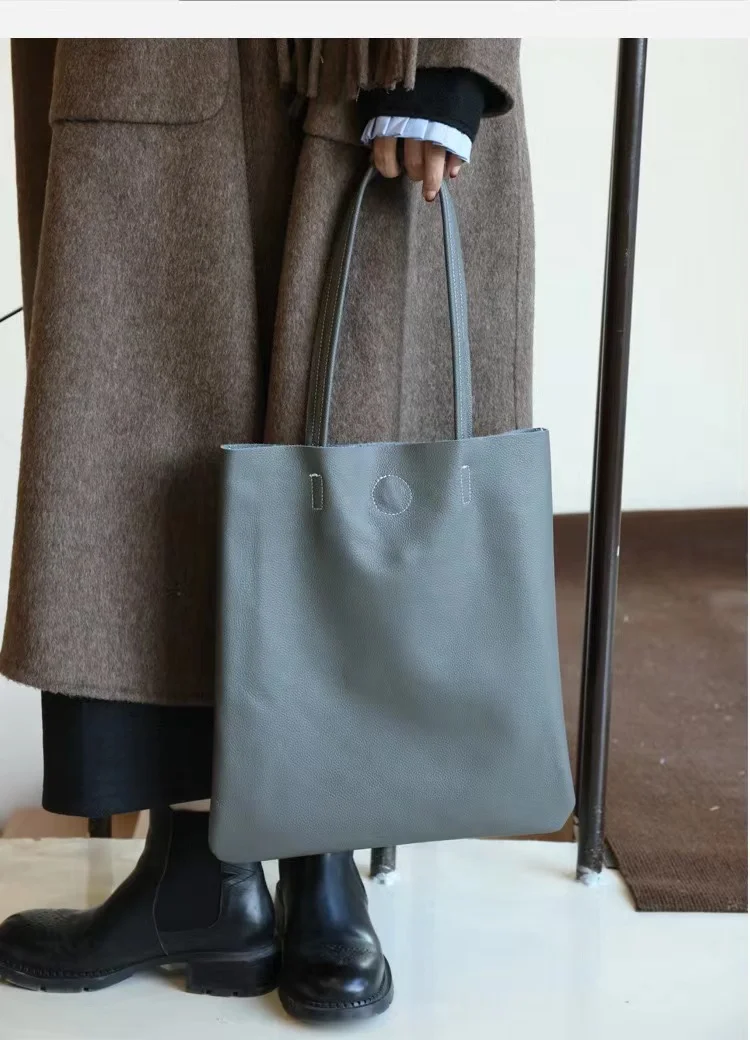 New Genuine Leather Women Tote Bag Simple Girl Large Solid Soft Cowhide A4 Female Shopper Handbag Student Casual Shoulder Bag