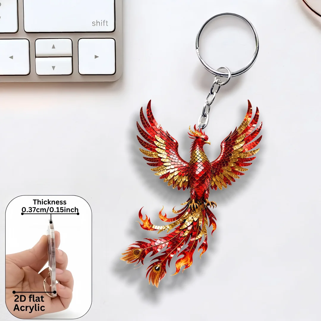 Phoenix Pattern Keychain,Fenghuang 2D Flat Acrylic Pendant,Divine Birds Trinket,Ornament Bag Charm,Gift,Fung-hwang Decoration