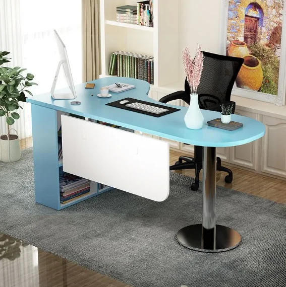 Modern Simple Curved Corner Desk with Bookcase Melamine Single Study Table Computer Desk for Home Office Furniture