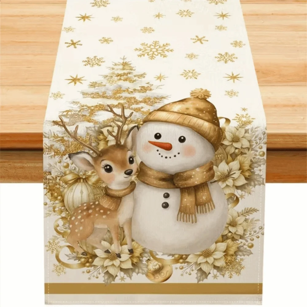 Santa Snowman Christmas Table Runner Reindeer Tabletop Decoration Christmas Tablecloth Flower Vintage Poinsettia Table Runner