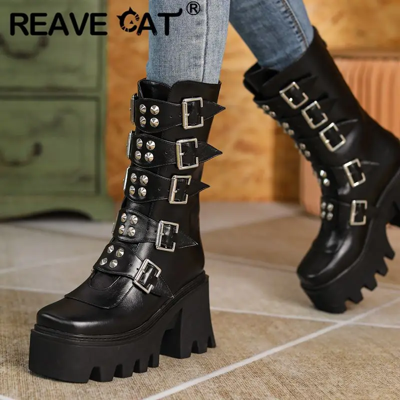 REAVE CAT Women Boots Toe Block Heels 9cm Platform 5cm Rivets Decor Size 43 44 Bota