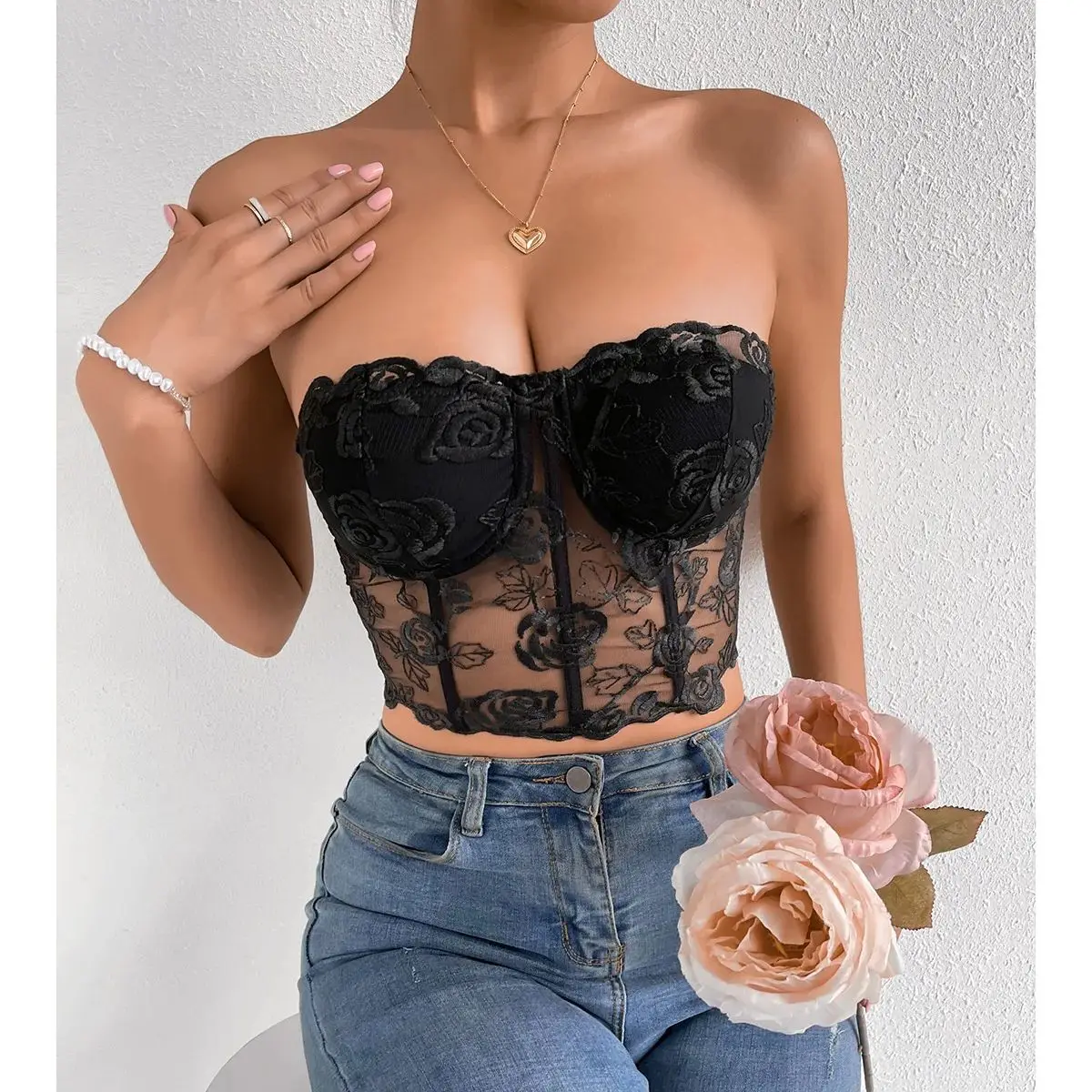 Sem alças espartilho colheita topos fino cabido bustier lingerie sexy ver através do tanque superior 2025 verão nova moda roupas mulher camisola