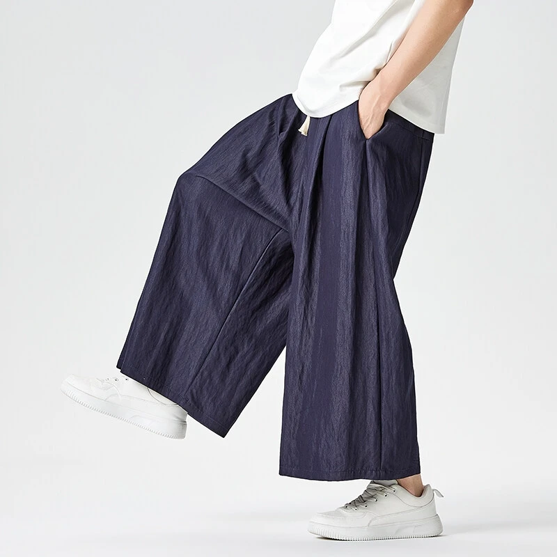 

Men Wide Leg Pants Harem Pant Chinese Style Summer Light Thin Elastic Waist Cropped Pants Loose Oversize Solid Casual Streetwear