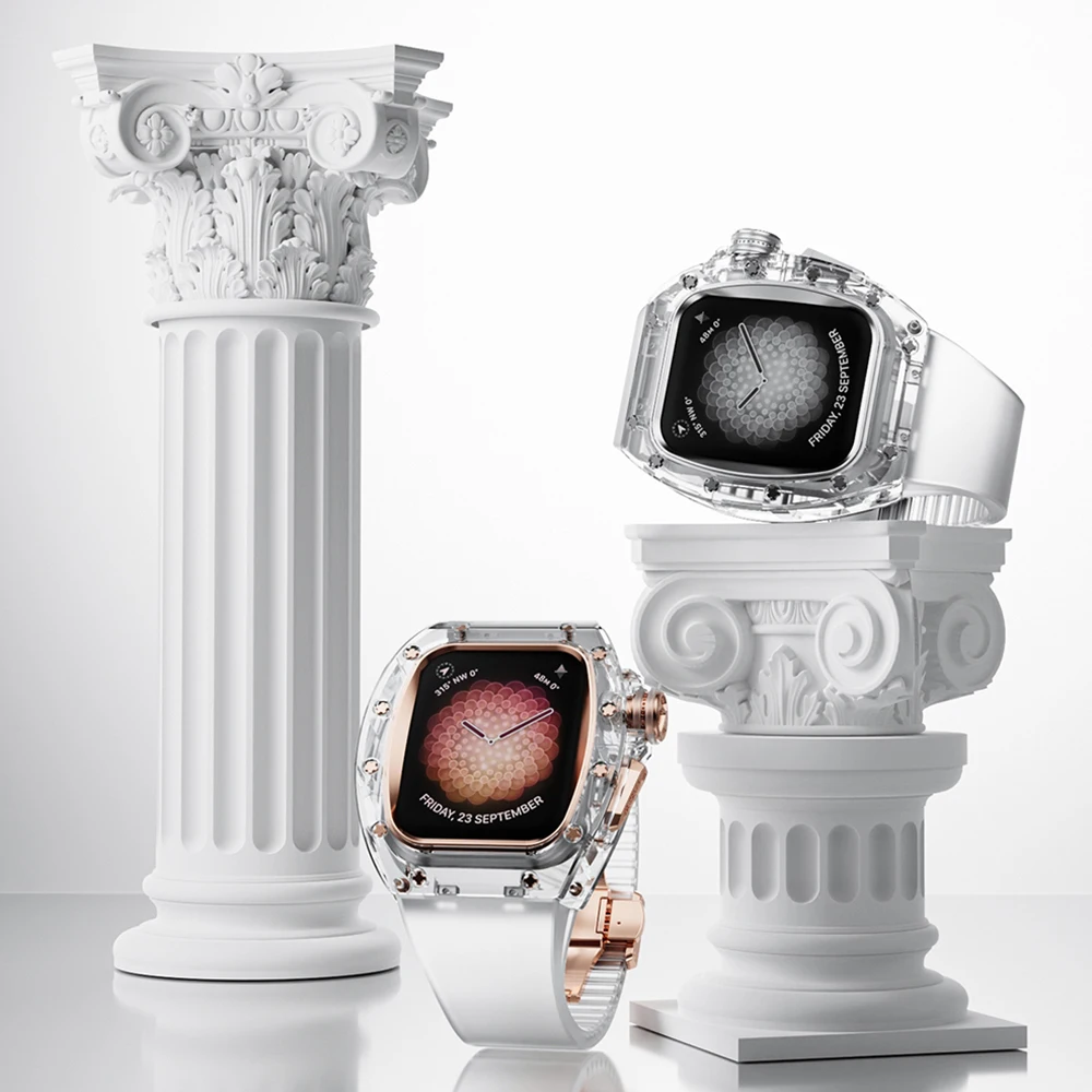 애플 워치용 Viton 스트랩 크리스탈 모드 키트, 패션 개조 케이스, 럭셔리 iWatch 시리즈 9, 8, 7, 6, 5, 4, SE, 화이트 밴드, 44mm, 45mm