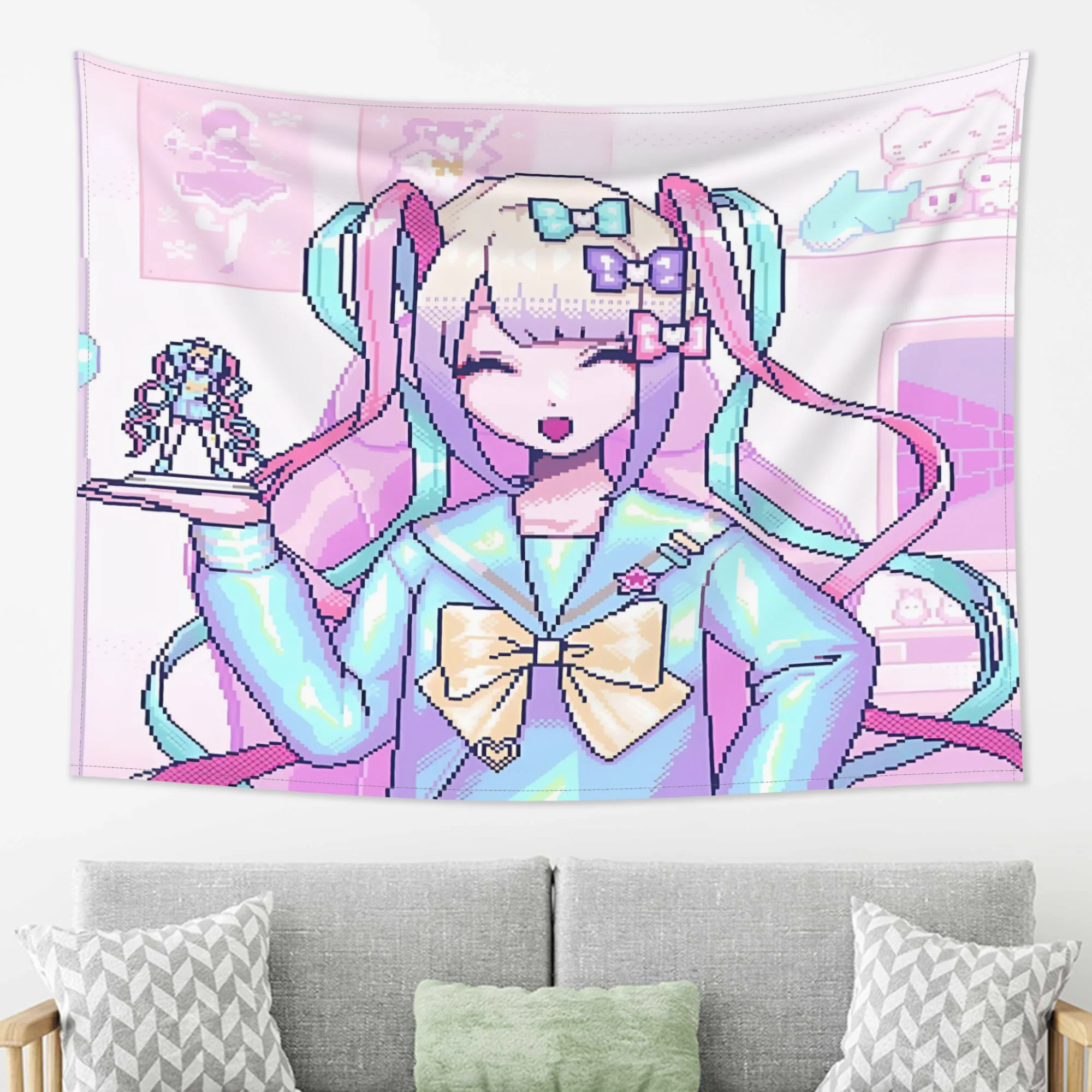 قطعة واحدة من نسيج K-AN-G-EL Nso Peach Light Beige - معلق على الحائط بنمط الرسوم المتحركة النابضة بالحياة مع شخصية شعر وردية، تصميم أزرق وأرجواني،