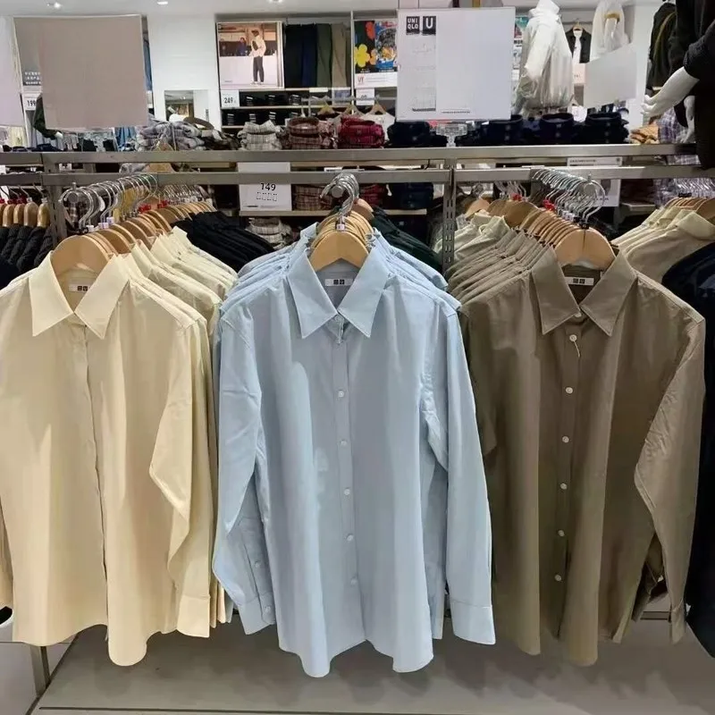 

Long Sleeve Cotton Shirt Women's Fashion Design Collaborative Pure Color Commute Style Button Detail Regular Length Shirt