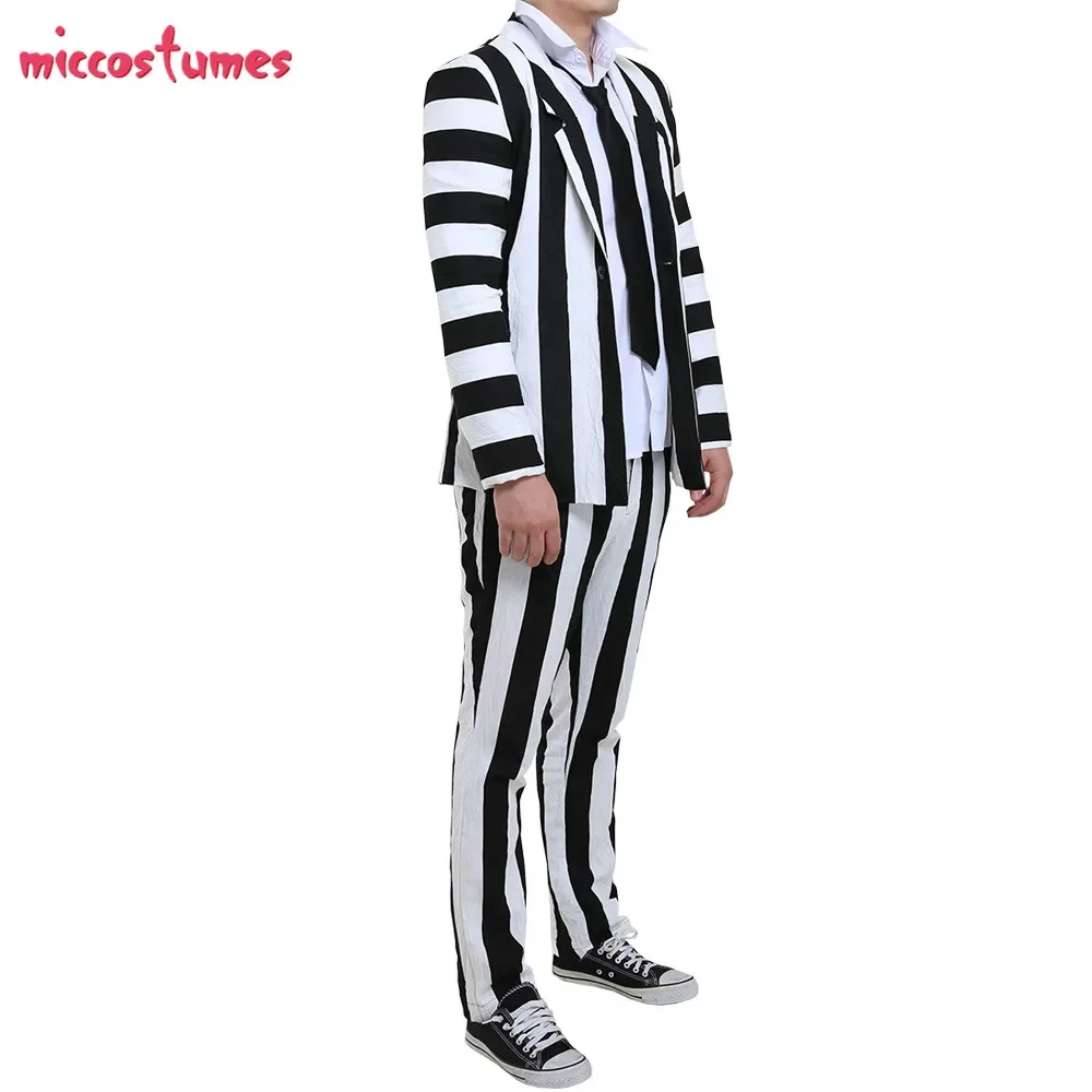 Miccostumes Male Black and White Vertical Stripes Jacket Suit Costume with Tie Halloween Cosplay Costume