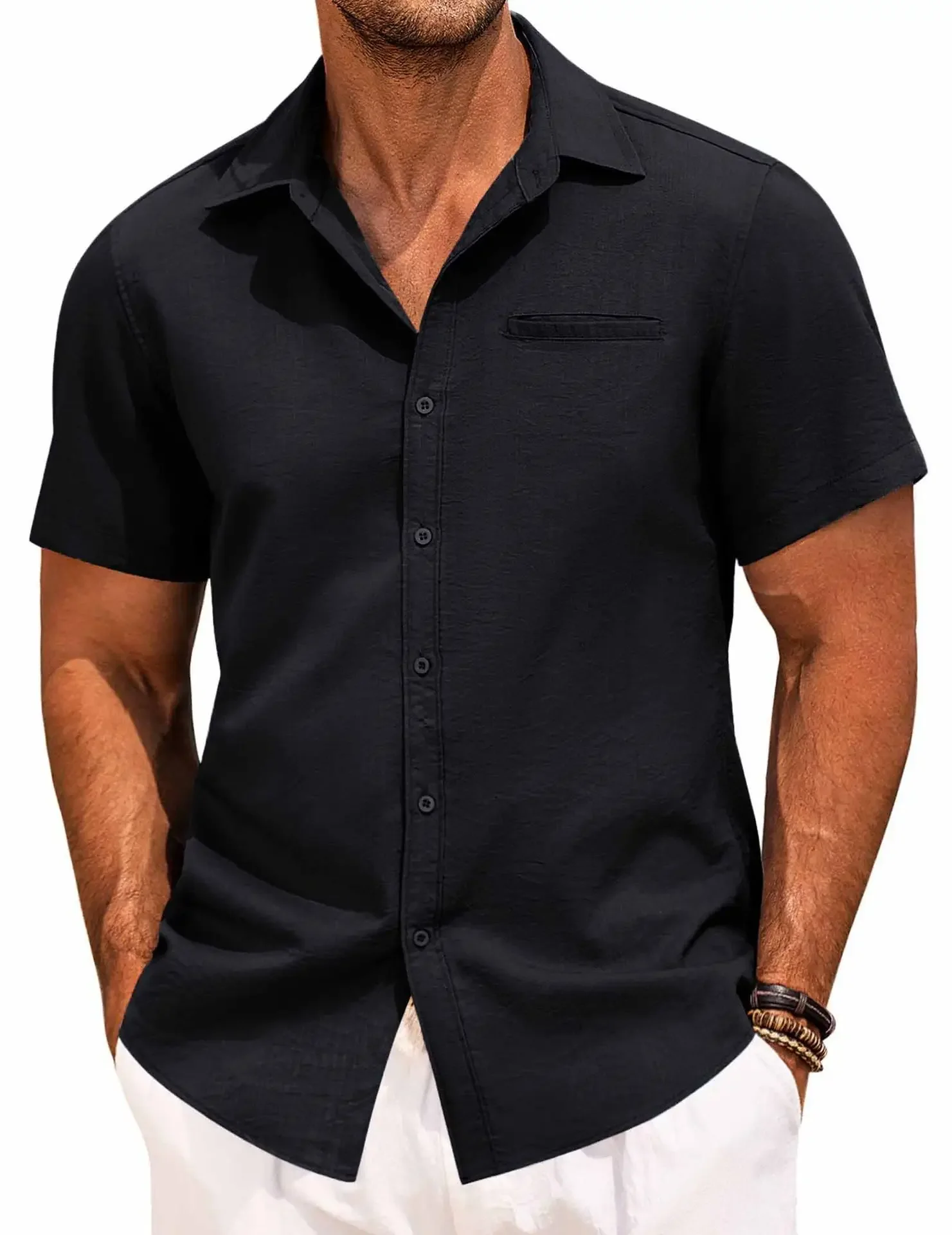 New Men's Shirt Button Short-sleeved Lapel Office Casual Top Fashion Simple Invisible Pocket Blouses
