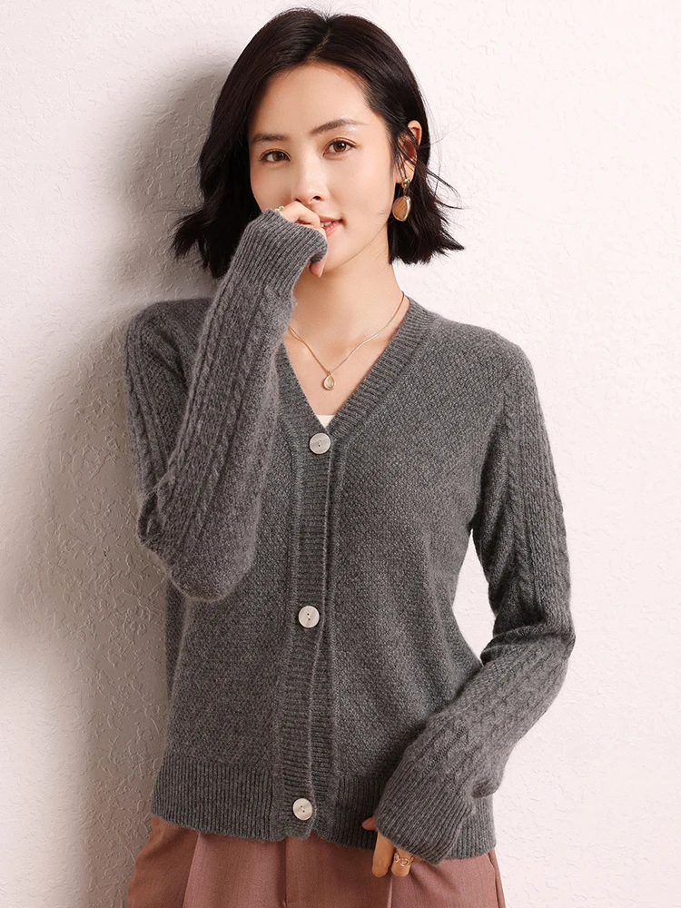 

CHICUU Women V-neck Cashmere Cardigan Cable Knitting Basic 100% Cashmere Sweater Soft Comfy Simple Style Autumn Winter Knitwear