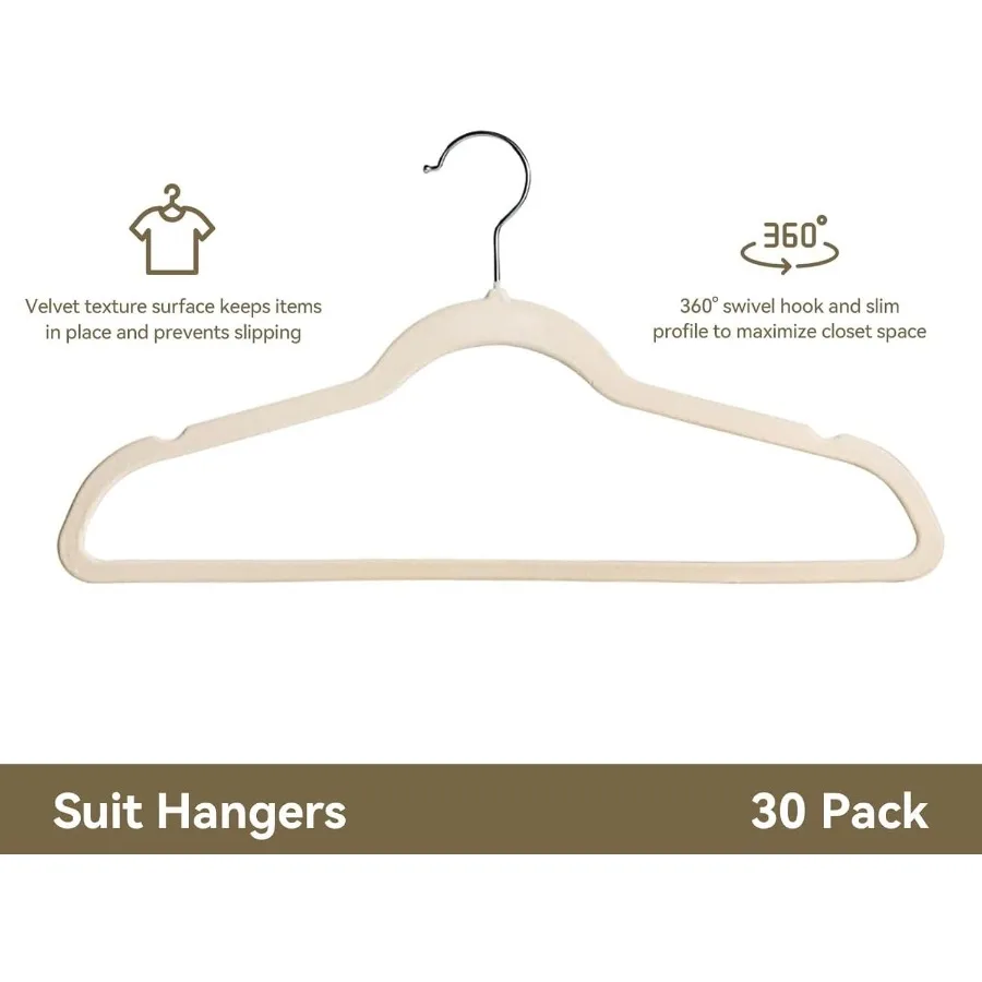 شماعات مخملية ممتازة مكونة من 30 عبوة من شماعات الملابس غير القابلة للانزلاق مع خطافات دوارة 360 درجة وتصميم نحيف لحد الأقصى