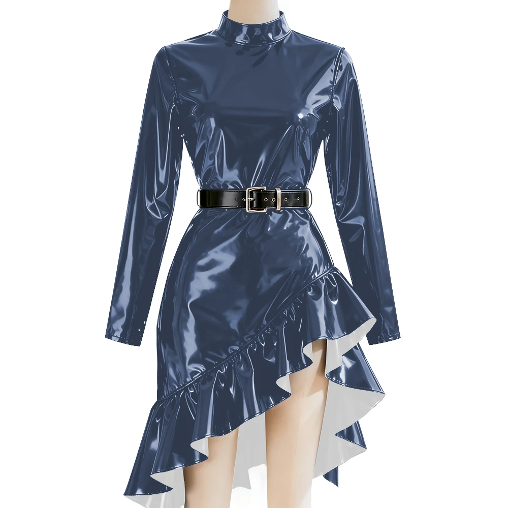 

Chic Mock Neck Ruffle Irregular Midi Dress Women Solid High Waist Pleated PVC Shiny Dresses Long Sleeve Evening Banquet Dress