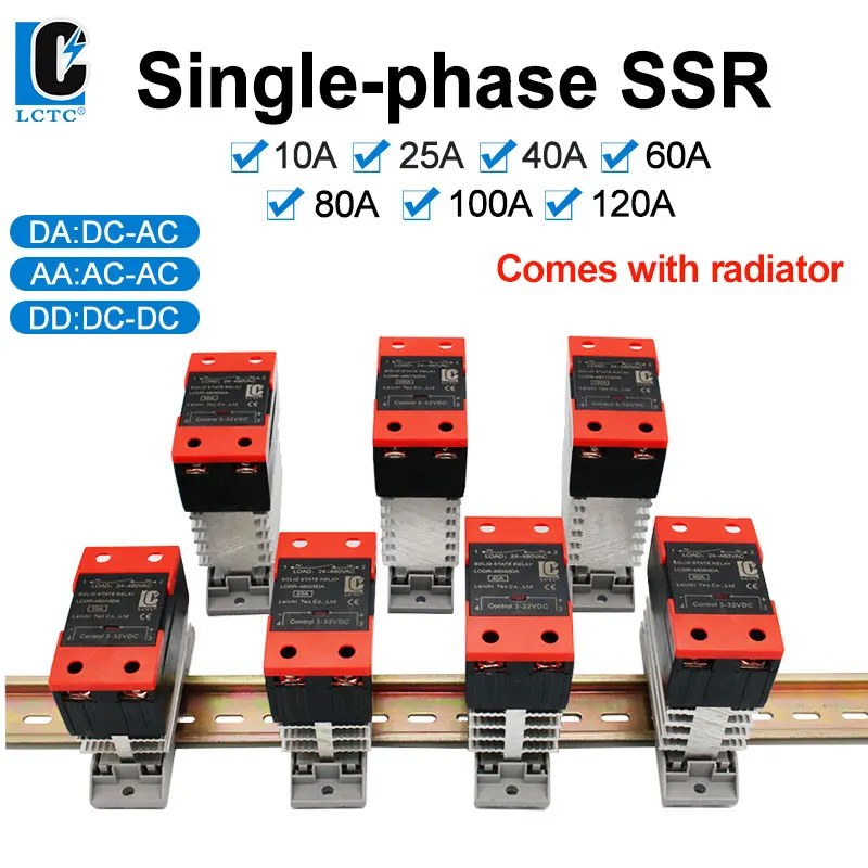 LCTC Solid State Relay SSR DIN Rail Mounted DC To AC AC To AC DC To DC Single Phase With Heat Sink10A 25A 40A 60A 80A 100A 120A