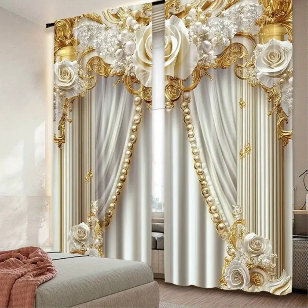 Elegant Style White and Golden Floral Dubai Luxury Living Room Curtains 2 Pieces Curtain With Valance Fake Cortinas Para Ventana