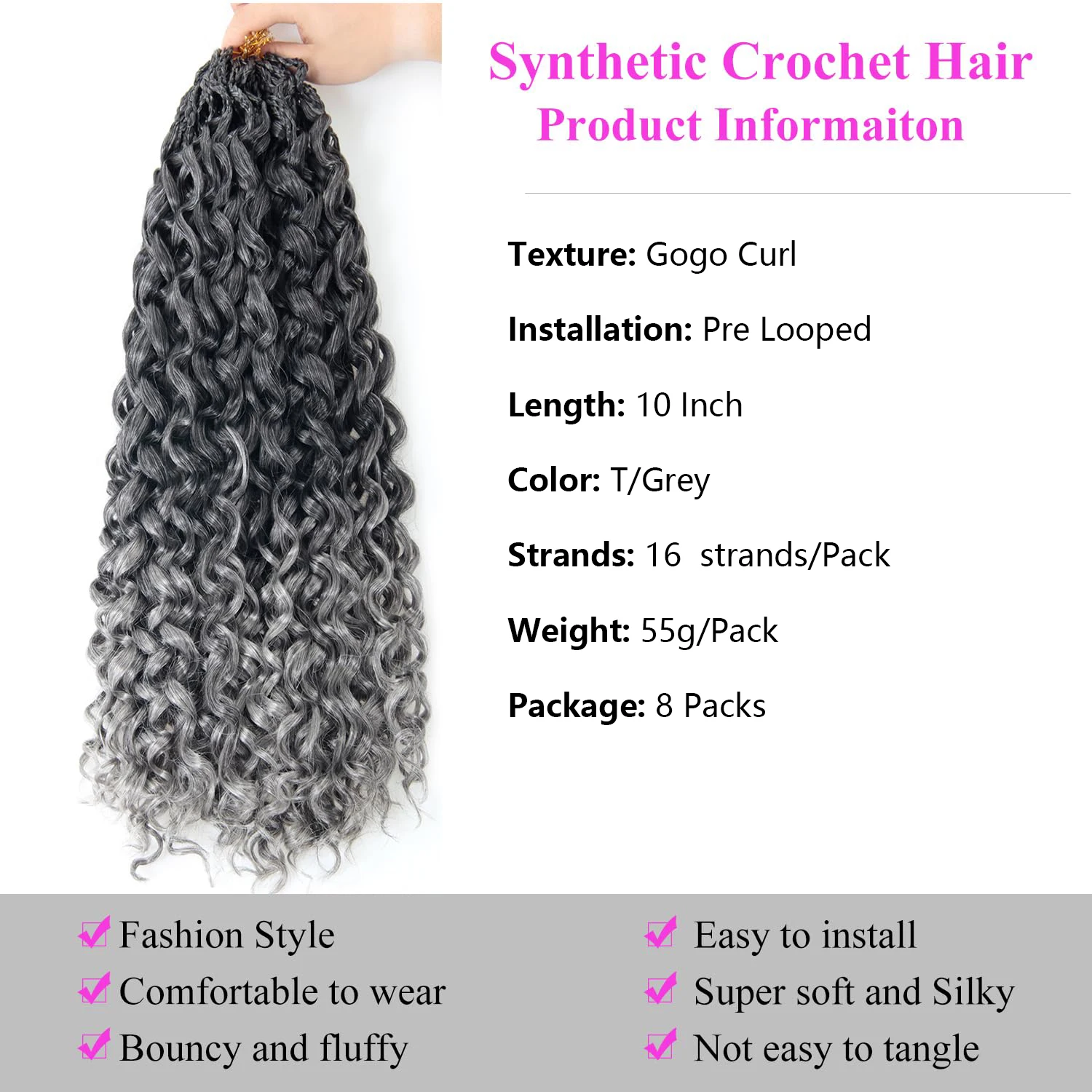 Prelooped Boho Gogo Curl Crochet Hair 8 Packs Synthetic Curly Braiding Hair Extensions for Women Daily Party Festival Hairstyle