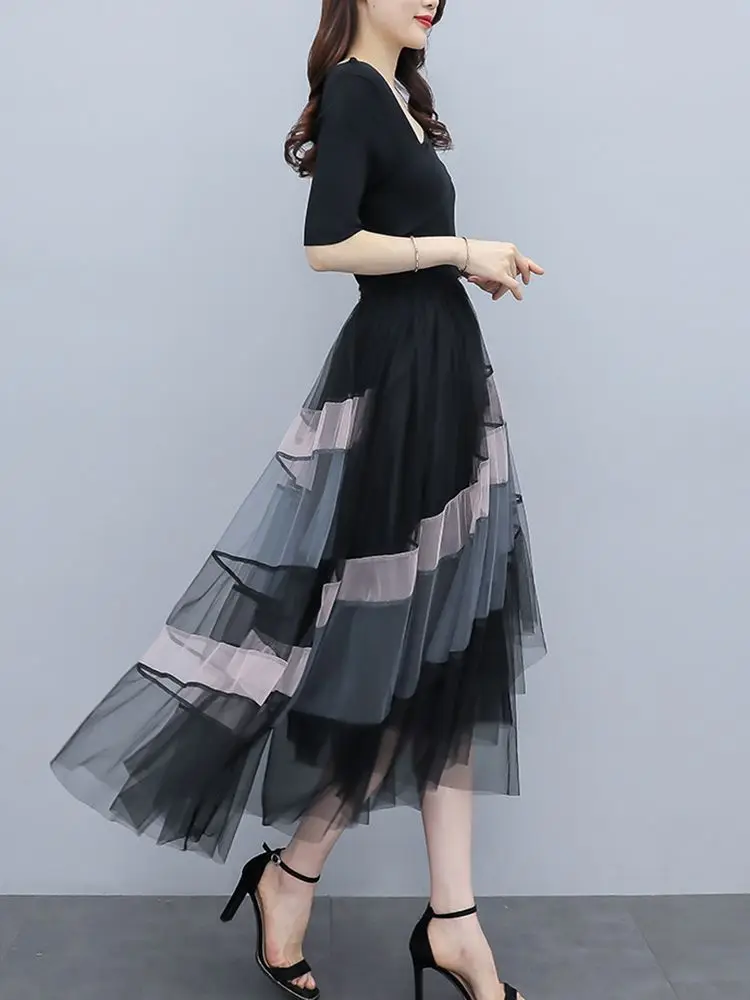 New Fashion Irregular Mesh Skirt Women Summer Contrast Color High Waist Slim layering A-line Party Skirts Elegant Jupe