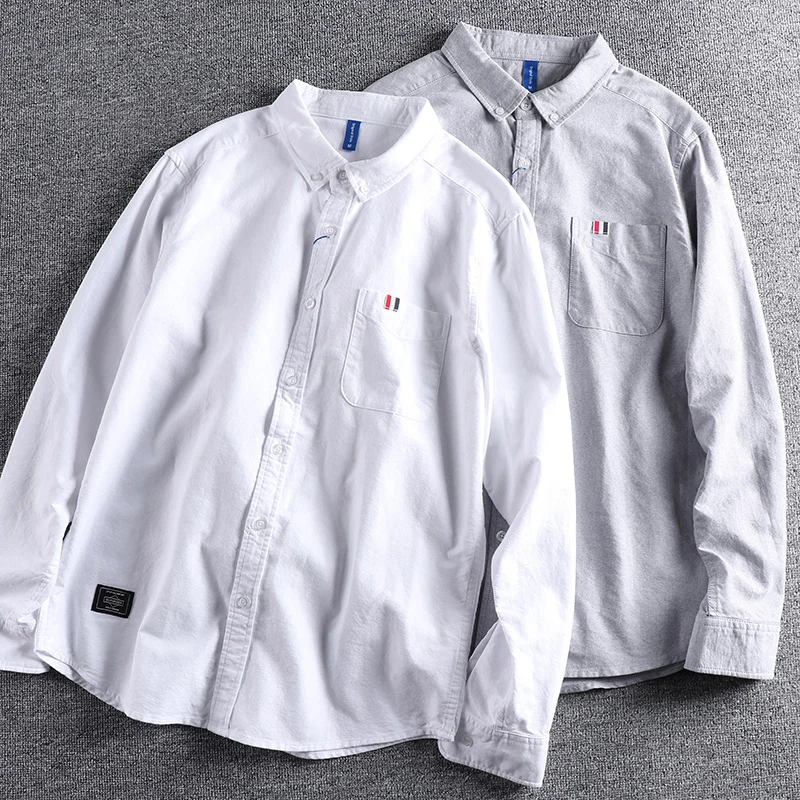 Hong Kong Style Japanese washed Oxford long sleeved shirt men\'s solid color simple versatile top