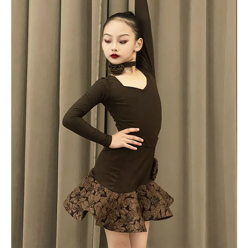 Autumn and Winter New Latin Dance Suit Girls' Professional Performance Training Suit Advanced Large Hemline Fish Bone Mesh Red S