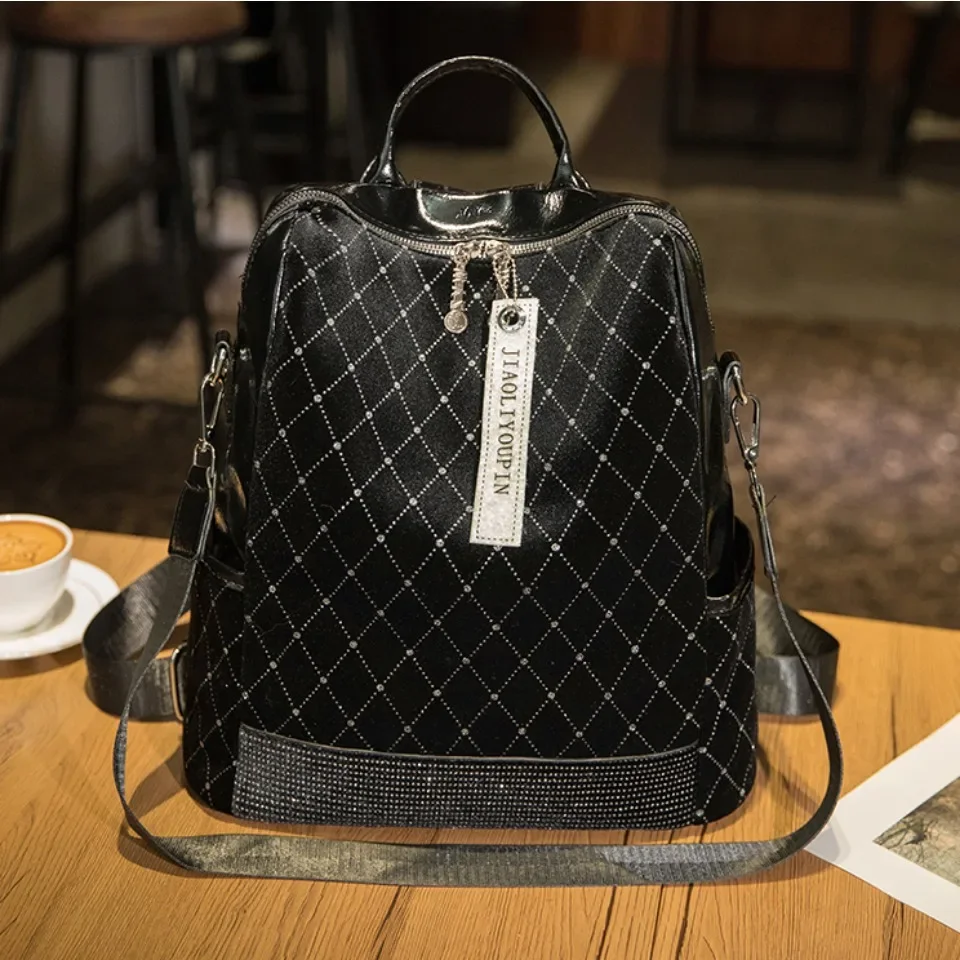 Mochila negra a la moda para mujer, Mochila de cuero PU suave de lujo, diseño de cristal, bolso de viaje para ir al trabajo, bolso de estudiante, Sac A Dos