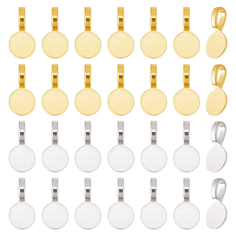 100Pcs 2 Colors Style Alloy Glue On Flat Pad Pendant Bails Flat Round Cadmium Free Lead Free Silver Golden