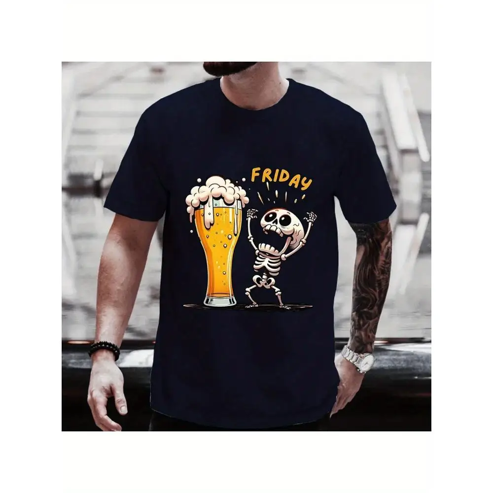 Men's Cotton Graphic T-Shirt Skeleton Beer Mug Friday Design Plus Size Short Sleeve Round Neck Casual Streetwear Gift Summer