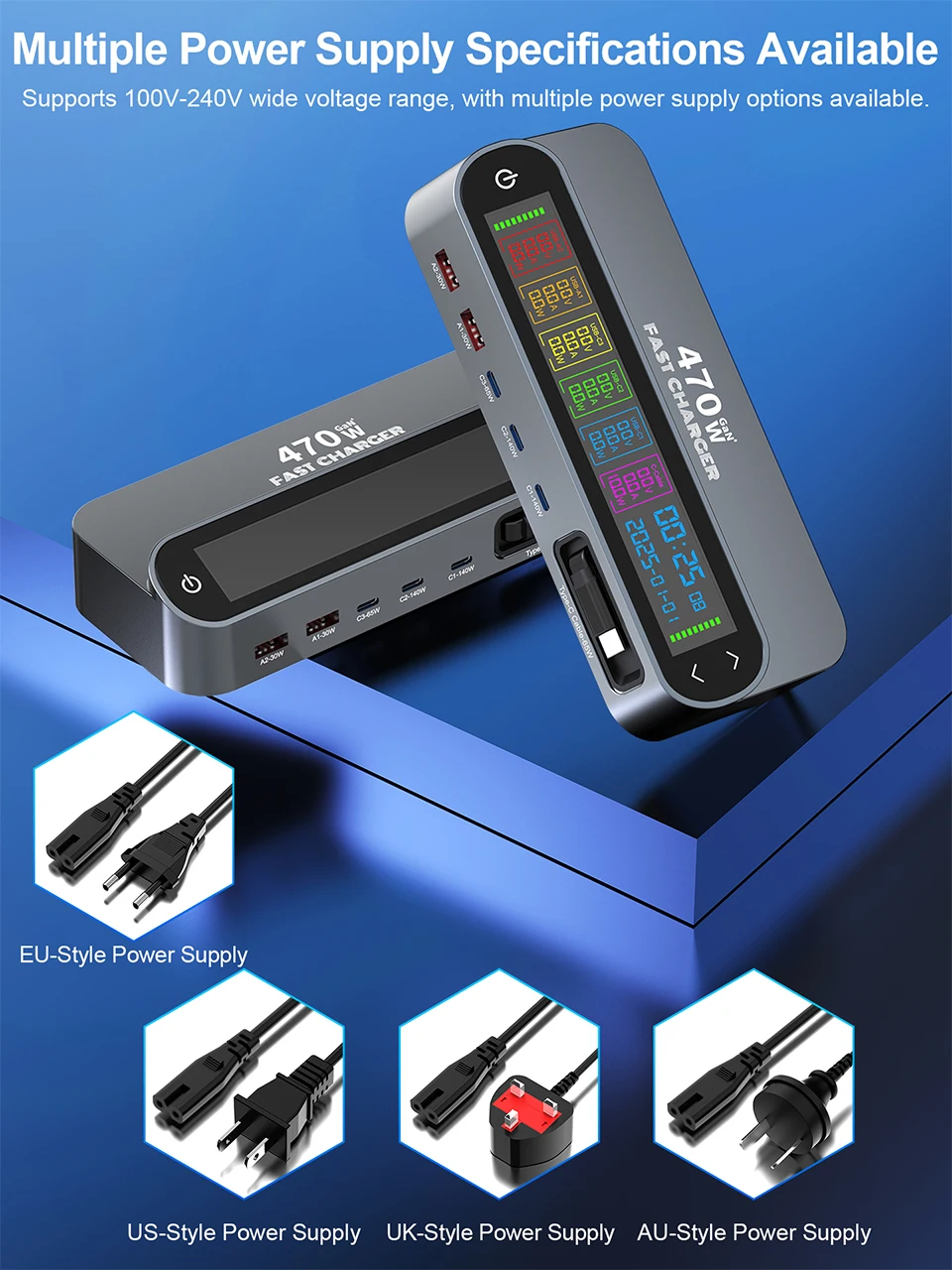 470W GaN Fast Charger 140W PD3.1 PPS USB Type-C Digital Display Desktop Charging Station for iPhone 16/15 MacBook Laptops