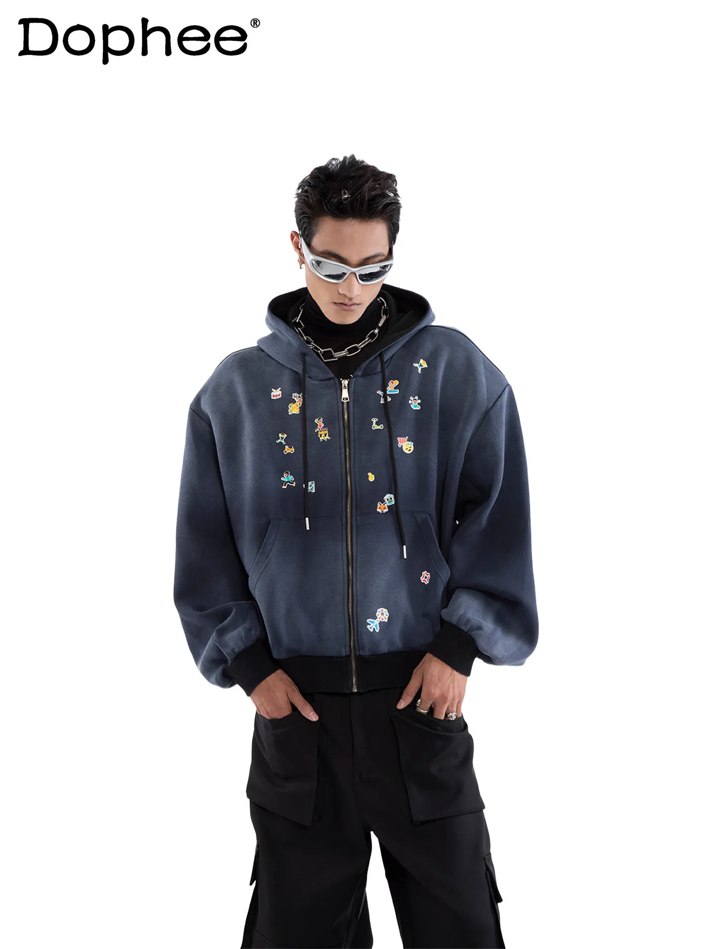 

2026 Spring New Men's Hooded Sweatshirt American Fashion Trend Zipper Loose Casual Youth Trend Jacket Coat