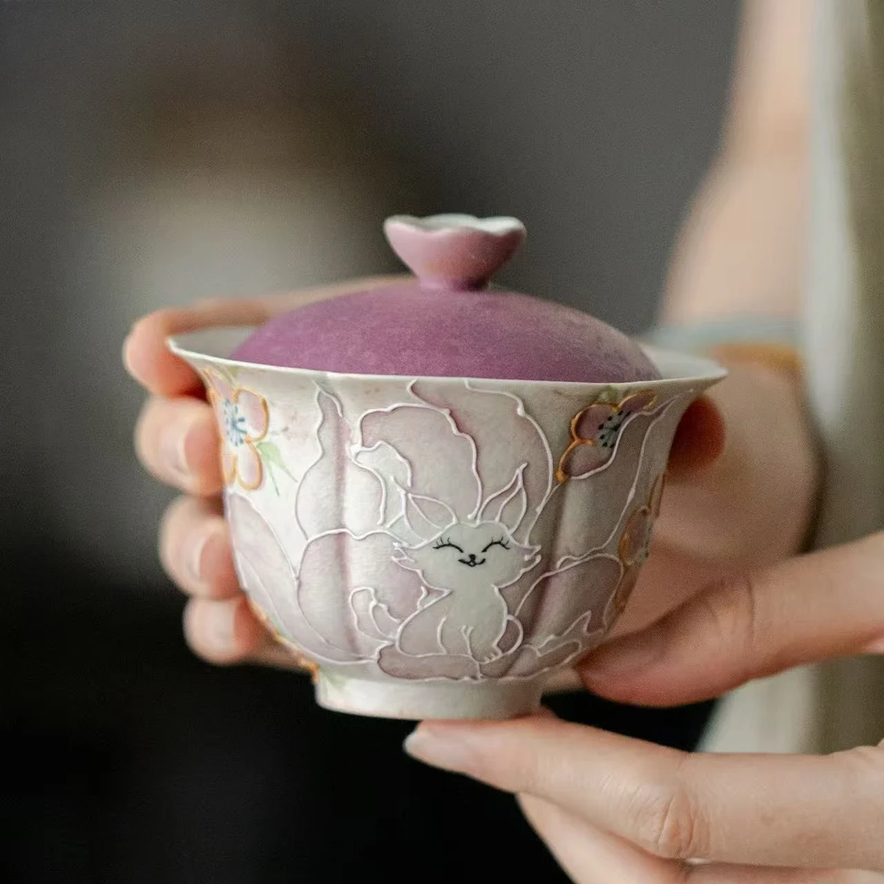 120ML Flint Red Hand-painted Nine-tailed Fox Ceramic Flower Mouth Cover Bowl KungFu TeaSet Household Tea Bowl Antique Cover Bowl