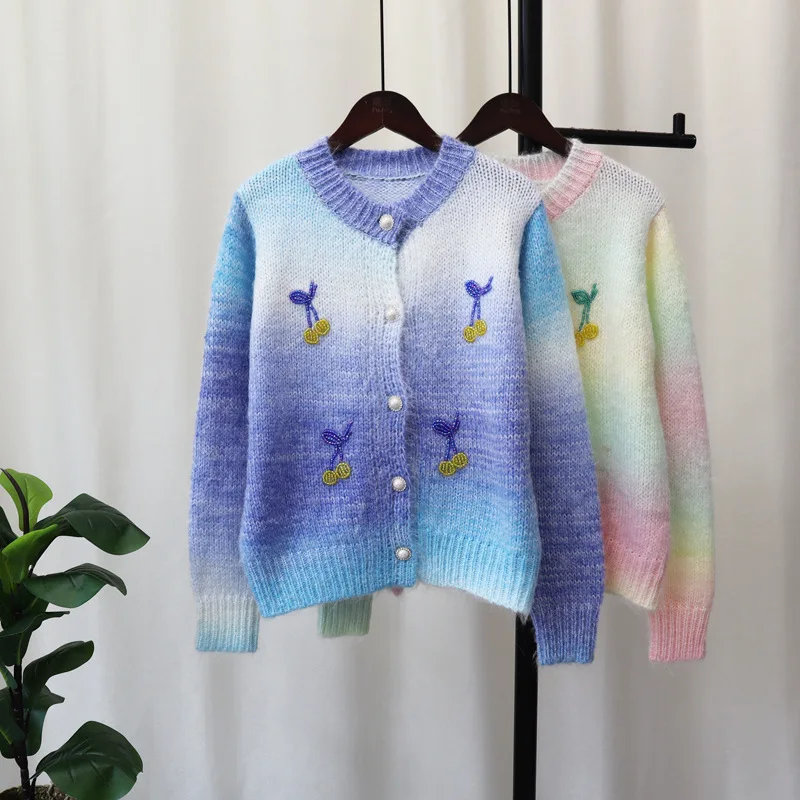 Cherry Embroidery Knit Tie Dye Cute Gradient Long Sleeve Button Cardigans Sweater Coat Autumn Winter Women Fashion Korean Cloth