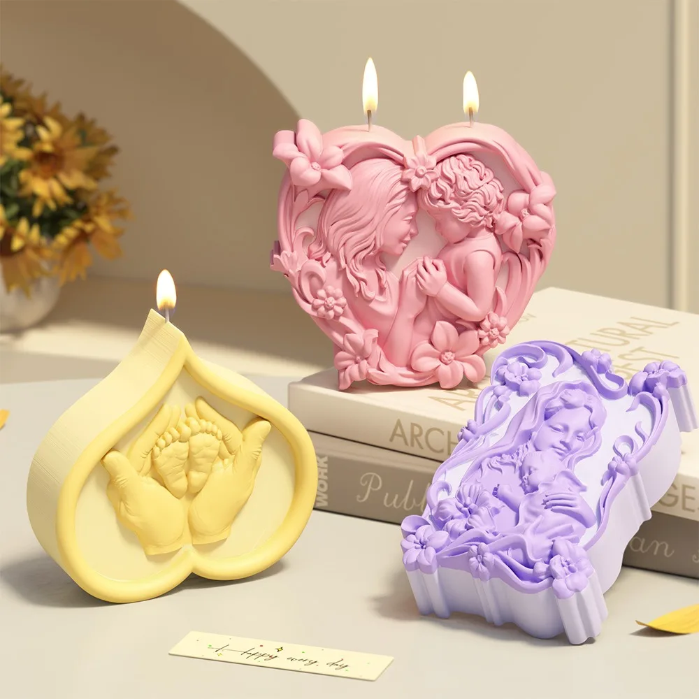 Love Shape Relief Mom Baby Silicone Candle Mold Flower Frame Heart Design Hand and Foot Resin Plaster Making Tools Mother Gifts