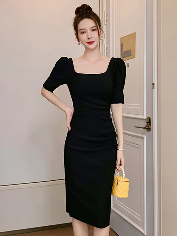 Sweet Bodycon Dress Women Simple Elegant Sexy White Black Bubble Sleeve  Skinny Midi Dress Backless Gown Holiday Street Vestidos - AliExpress  200000345