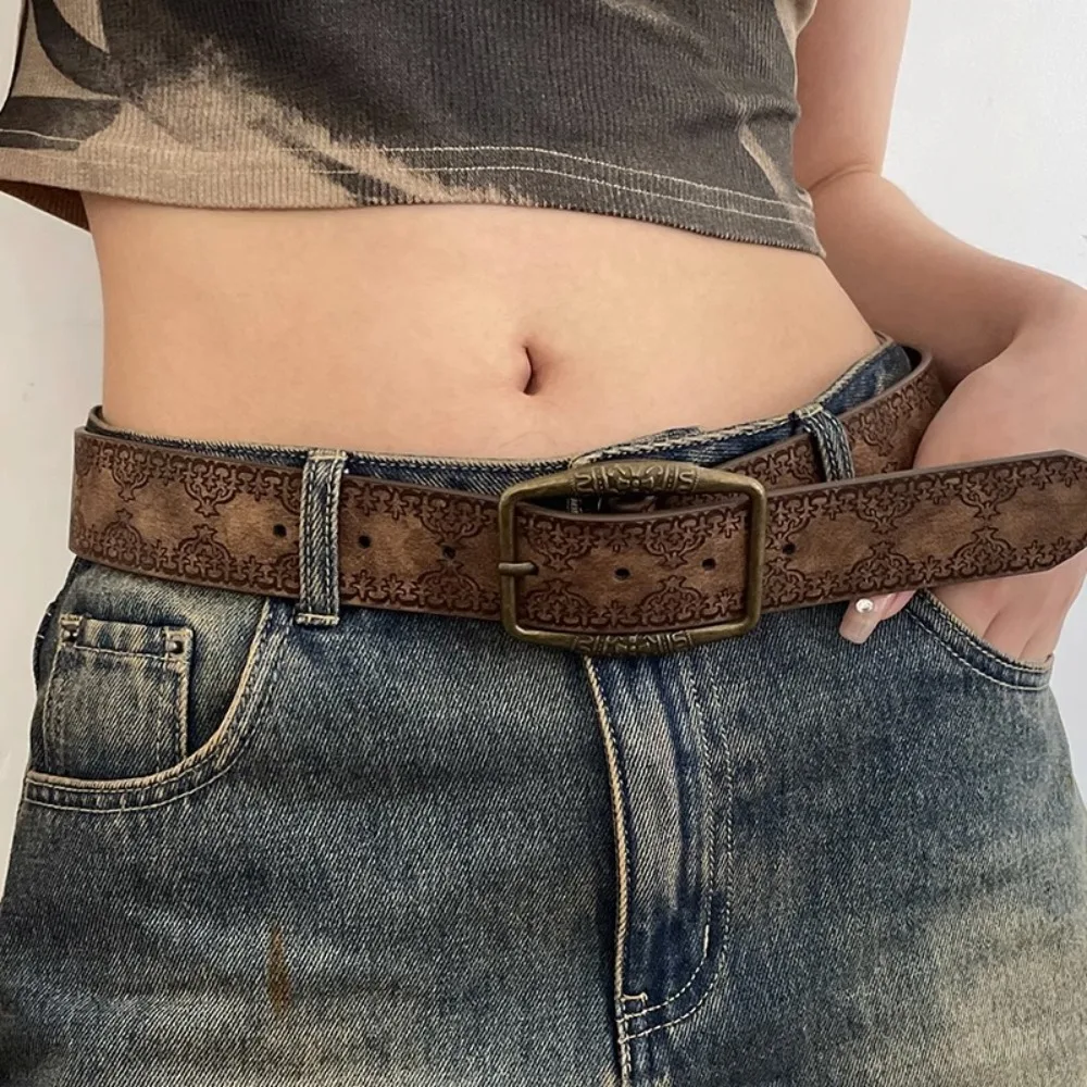 Fashion Y2K Retro Belt National Wind PU Jeans Belt Wide Senior Sense Brown Pin Buckle Waistband
