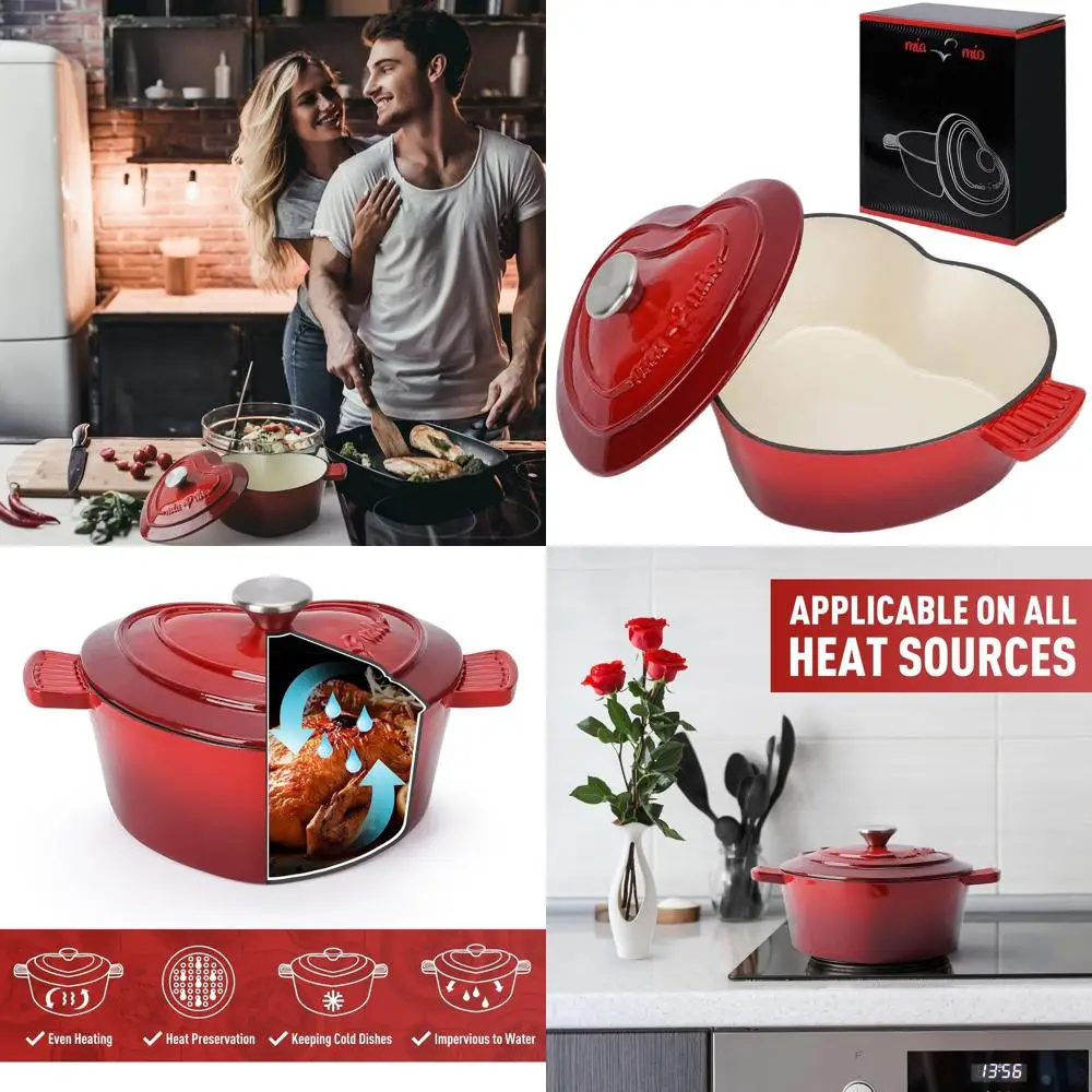 

Heart-Shaped Non-Stick Enamel Cast Iron Dutch Oven, 3.2 Quart, 10 Inch, Suitable for All Heat Sources and Oven Use
