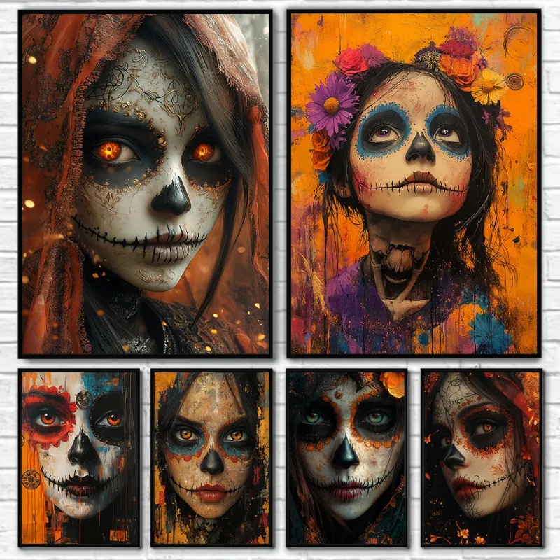 Pósteres y Láminas de Retratos de Maquillaje de Calaveras del Día de Muertos, Cuadros en Lienzo para Decoración de Paredes de Habitaciones y Hogares