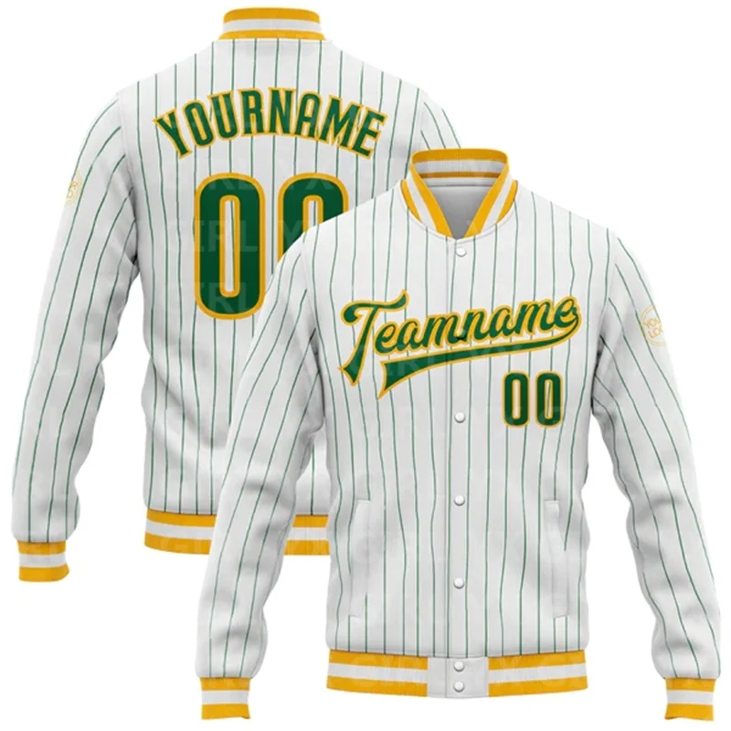 Custom White Kelly Green Pinstripe Kelly Green-Gold Bomber Full-Snap Varsity Letterman Jacket 3D Printed Baseball Button Jacket