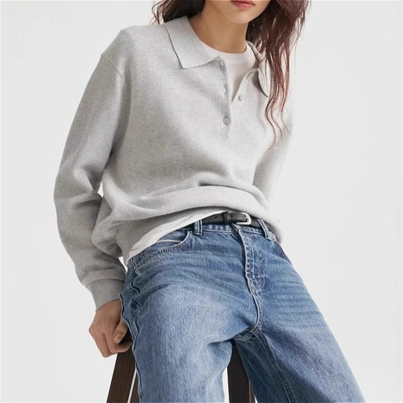 Pullovers Women Sweaters Polo Collar Full Sleeve Jumpers Y2k Streetwear Elegant Knit Casual Loose Tops Autumn Winter 2026