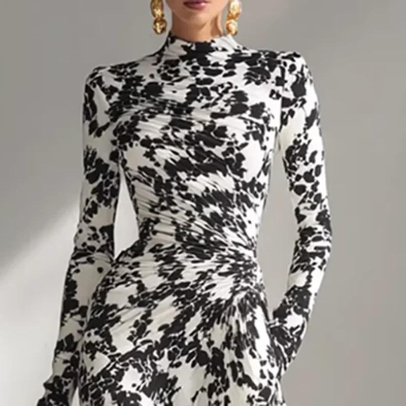 Sexy O Neck Floral Print Long Maxi Dress Woman 2026 Spring High Waist Slim Draped Party Dress Fall Long Sleeve A-Line Boho Dress