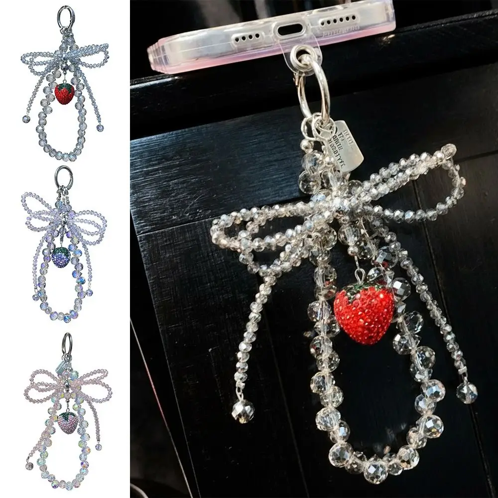 

Light Luxury Crystal Phone Chain Rhinestone Beaded Knot Bead Bow Pendant Strawberry Chain Bag Decoration Bag Phone Accessory