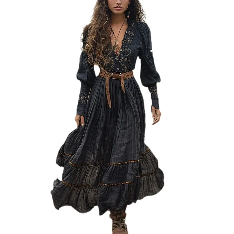 

2025 New Fashion Printed Belt Puff Sleeve Dress Women Autumn Retro Casual Loose V-neck Long Dresses For Women