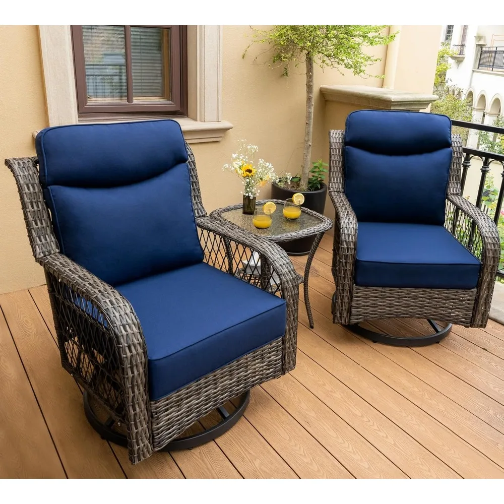 

Outdoor Swivel Rocker Chairs 3 Pieces Wicker Swivel Patio Chair with Rattan Side Table, 5" Extra Thick Cushions and 25" Full Sup