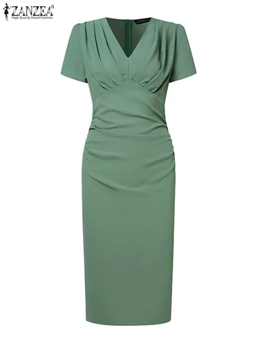 Imagen 2 del producto ZANZEA-vestido de fiesta elegante para mujer, vestido elegante con cuello en V ajustado para trabajo de oficina, vestido veraniego a la moda, vestidos plisados lisos