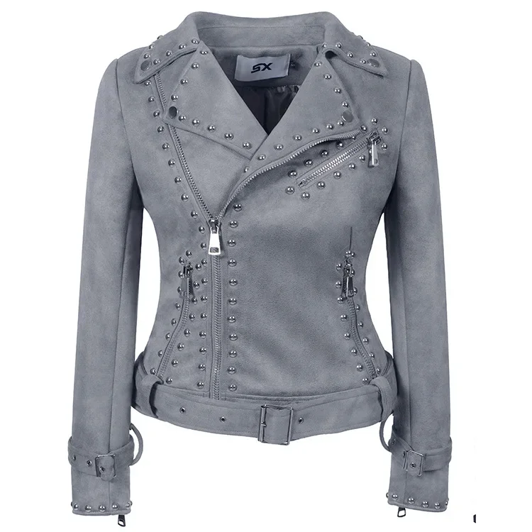 

Spring Autumn Women Streetwear Rivet Zipper Belt Faux Leather Jacket Vintage Female Moto Biker Coat Outwear Women 2025