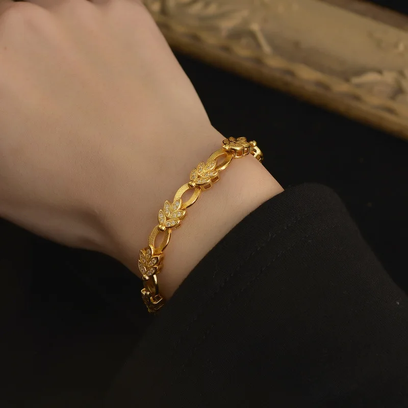 

Gold Shop Same Style 9999 24K Real Gold Women's Gold Bracelet Set with Zircon Leaves Exquisite Gift Beautiful Jewelry