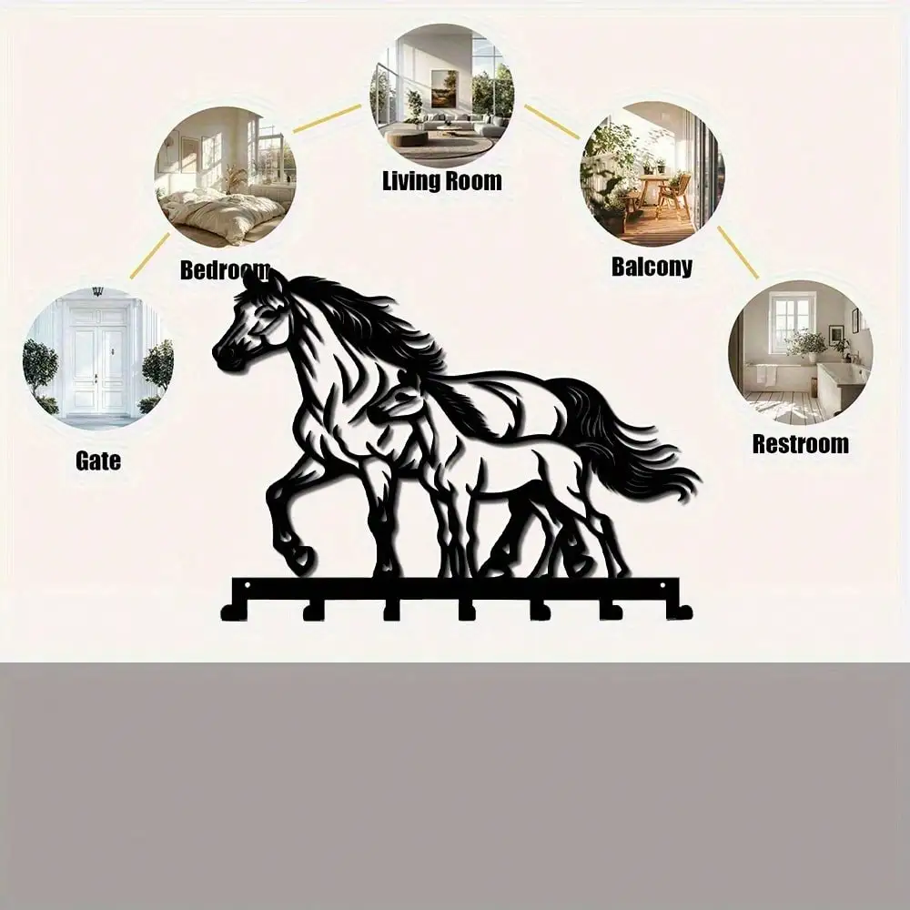 VaultKey Metal Wall Hook Rack with 7 Hooks for Keys, Towels, Coats - Rustproof Entryway & Kitchen Organizer, Horse Decor