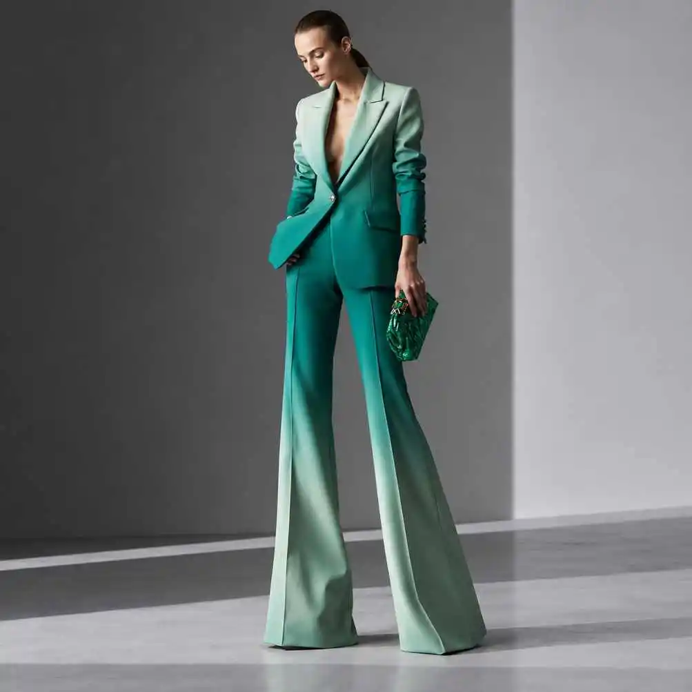 Gorgeous Gradient Womens Suit Blazer High Waist Flared Pants Two Piece Outfit For Business Meeting Formal Event Customized