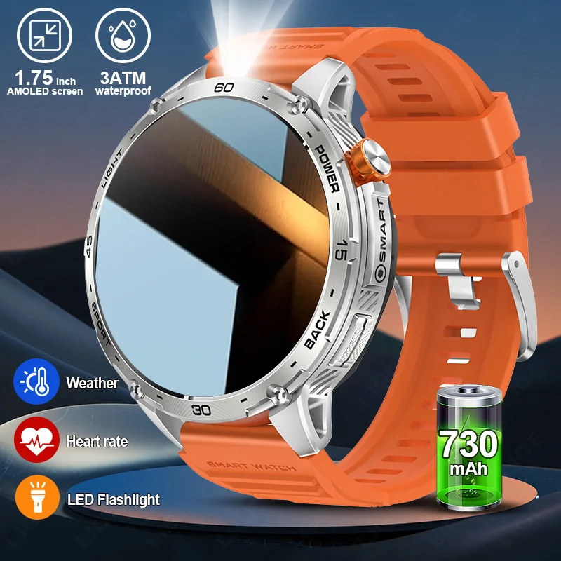 LIGE 730mAh Large Battery Ultra Long Standby Time LED Flashlight Men Bluetooth Call Smartwatch Waterproof 1.75inch Amoled Screen