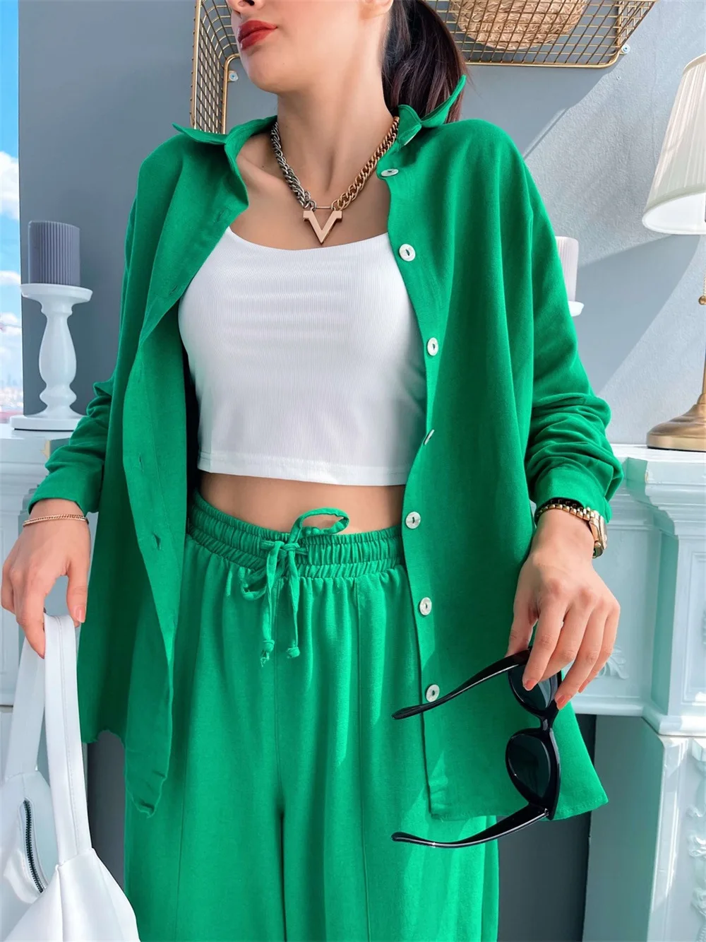 Camisa de manga longa topos harem calças terno feminino primavera casual terno duas peças conjunto camisa lapela ol moda solto outfits