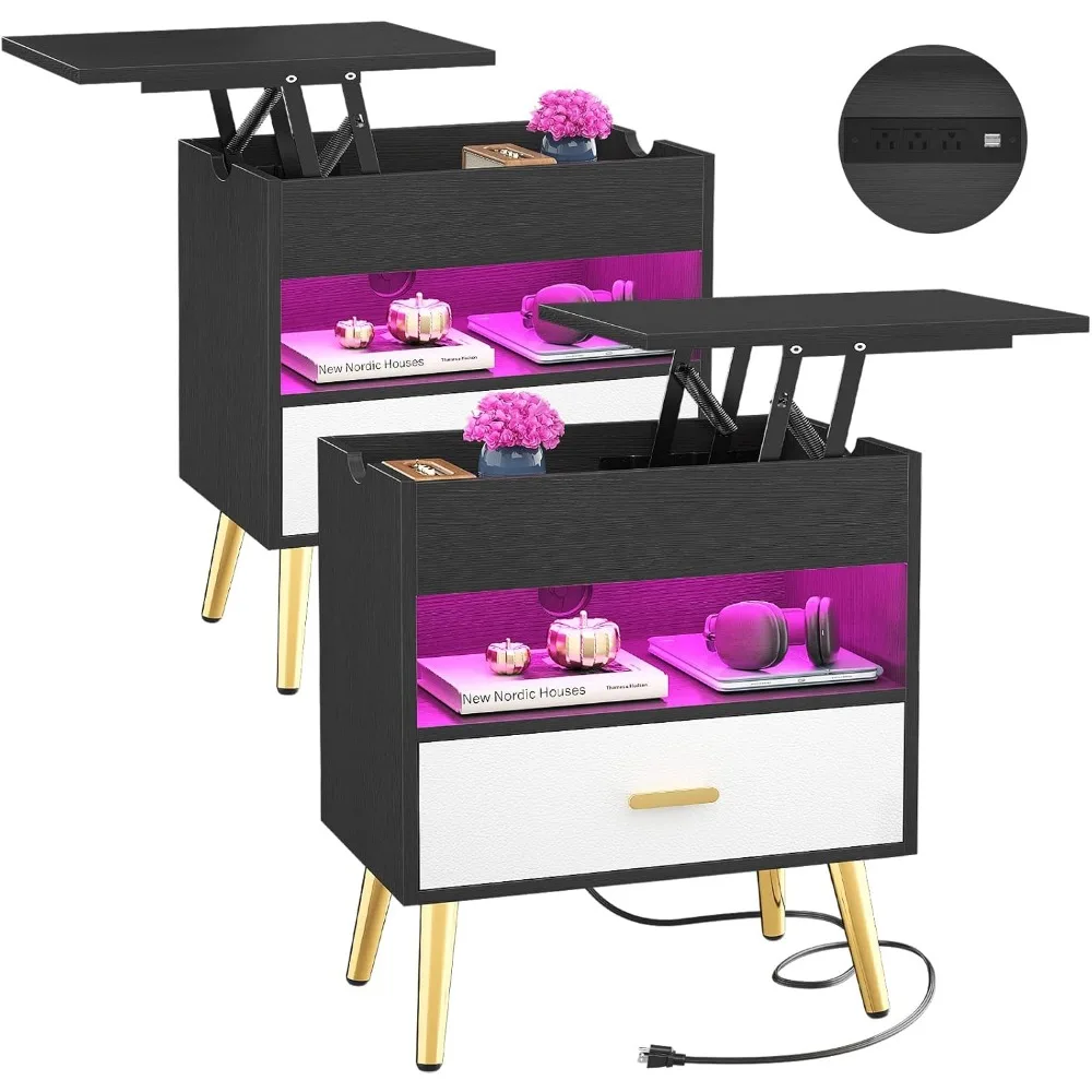 Móveis para casa com luzes LED, reversível Lift Top, Nightstand Set, Bedroom Bedside Table, grande Night Stand, 30 polegadas, conjunto de 2
