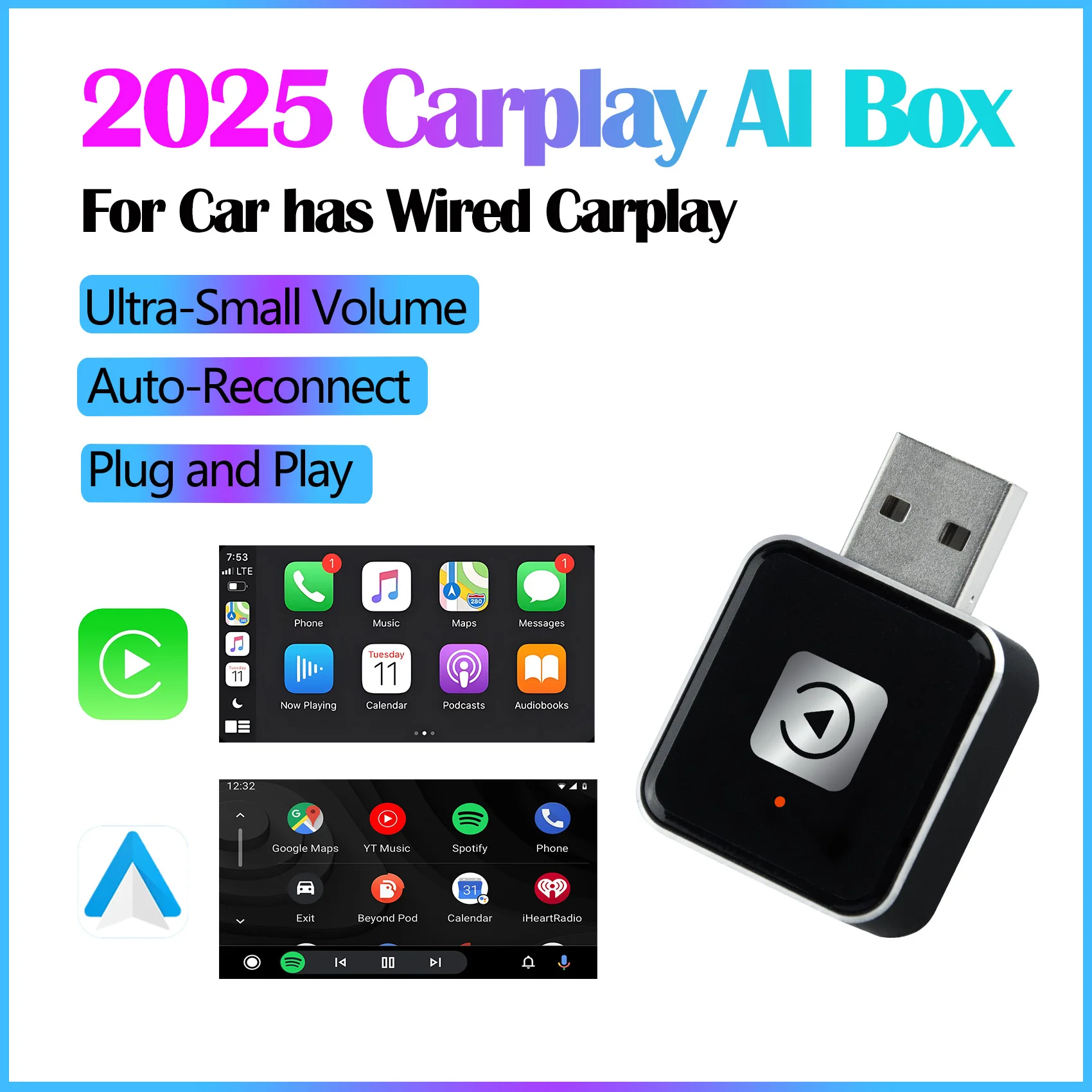 

UHULAMB 2in1 Mini Wired to Wireless CarPlay & Wireless Android Auto Adapter AI Box For Audi Toyota Mazda Benz Mercedes Golf Wifi