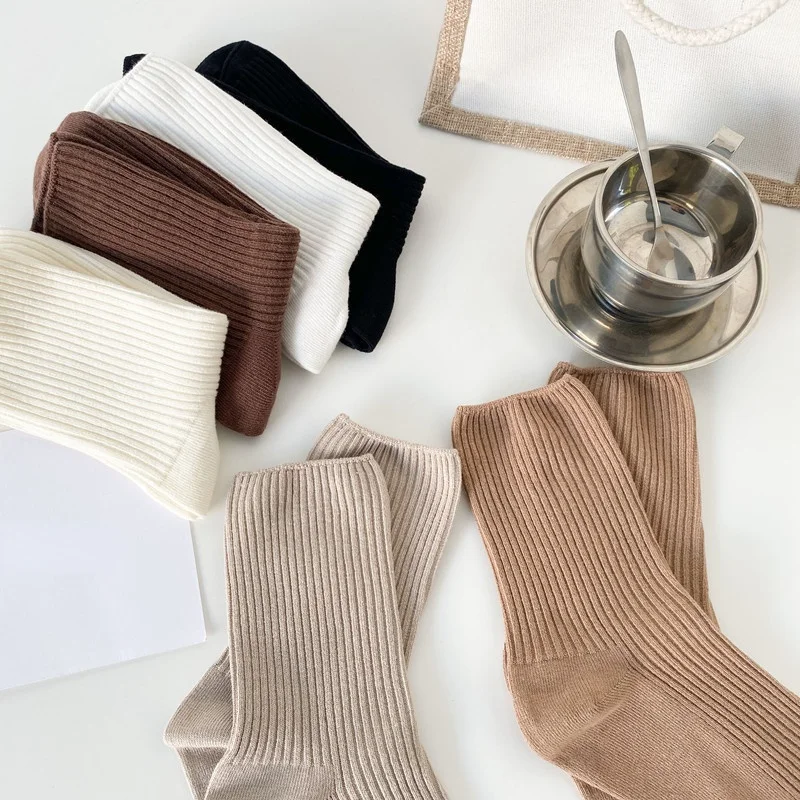 Brown Socks Women Tube Socks Pure Cotton Spring Autumn Ins Minimalist Style Solid Color Striped Stockings All-match Casual Socks