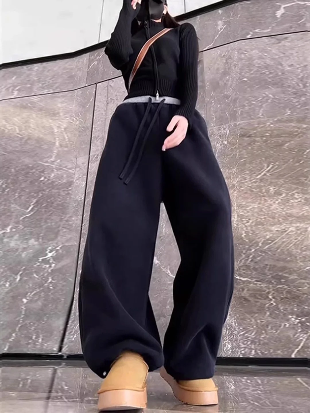 하이웨이스트 와이드 레그 캐주얼 팬츠 여성용 가을 겨울 신상 슬림핏 루즈핏 다용도 바지 끈